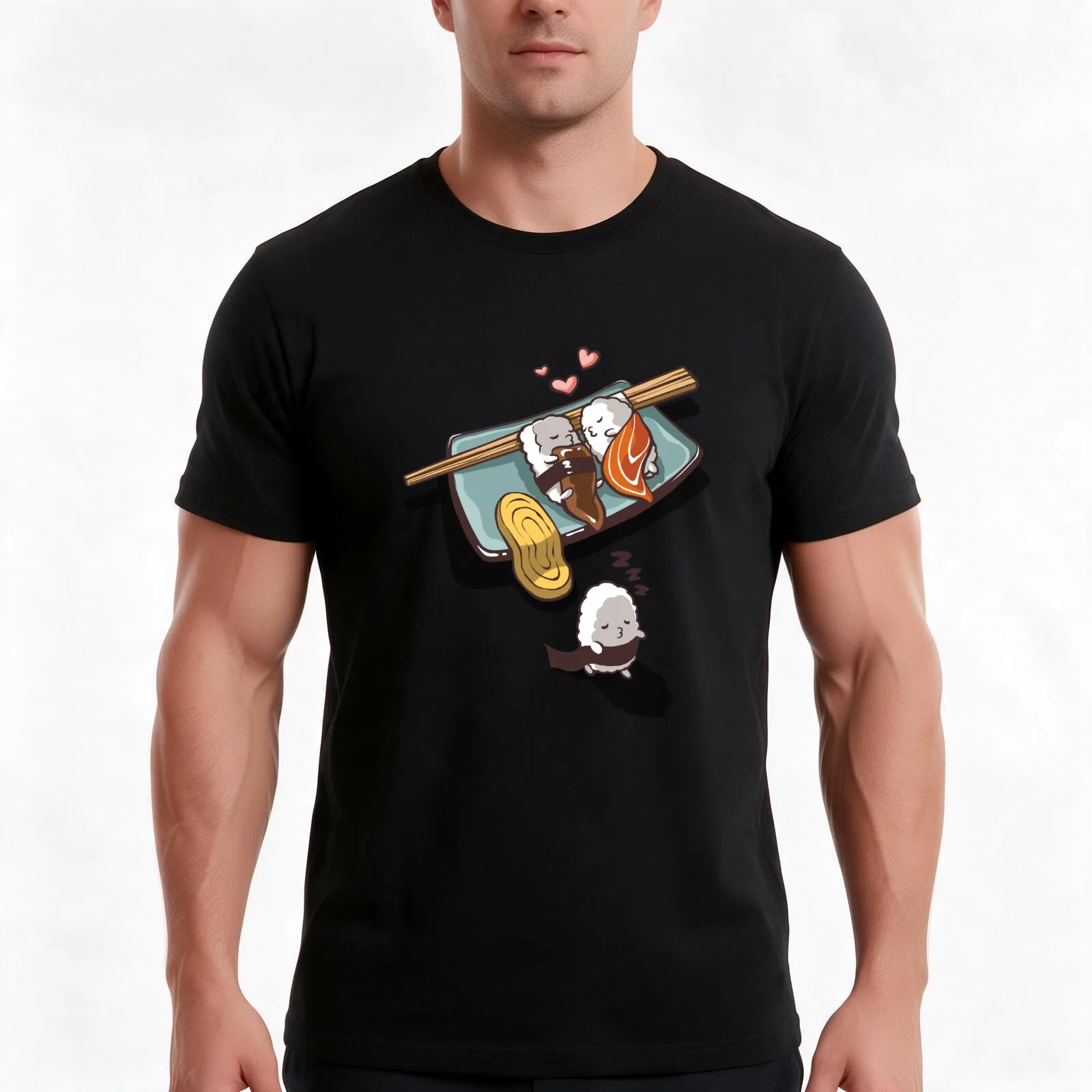 Romantic Nigiri Sushi Cuddling with Friend Sleep Walking T-Shirt, Summer Casual Cotton Tee, Oversized Streetwear Tops