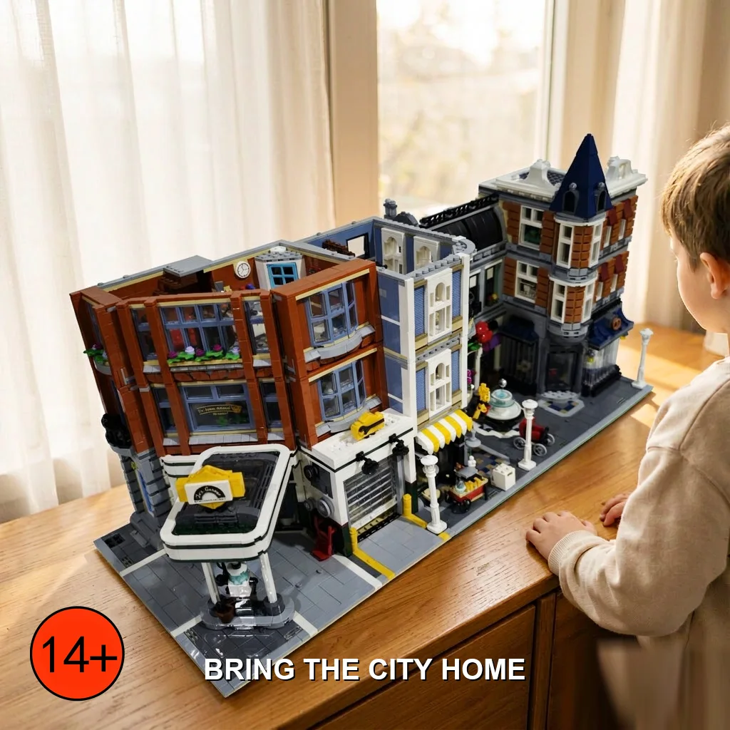 Street View Assembly Square Corner Garage Bricks Bank Police Station Large Building Blocks Set Multi Style Complex Urban Craft Architecture Difficult Assembly Home Toy Gift For Collector