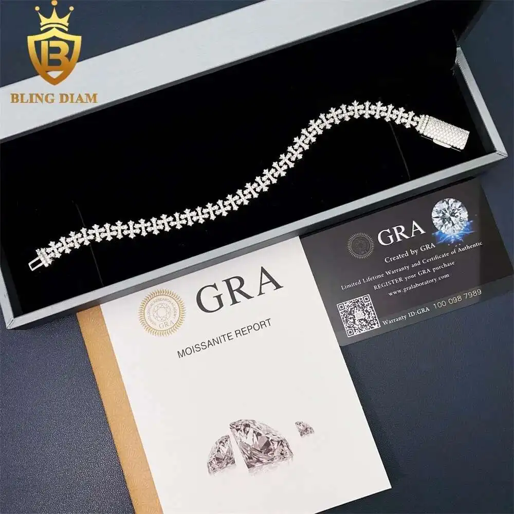 8.5mm Hip Hop Cuban Link Chains 925 Sterling Silver VVS Moissanite Iced Out Diamond Cross Bracelet Necklace