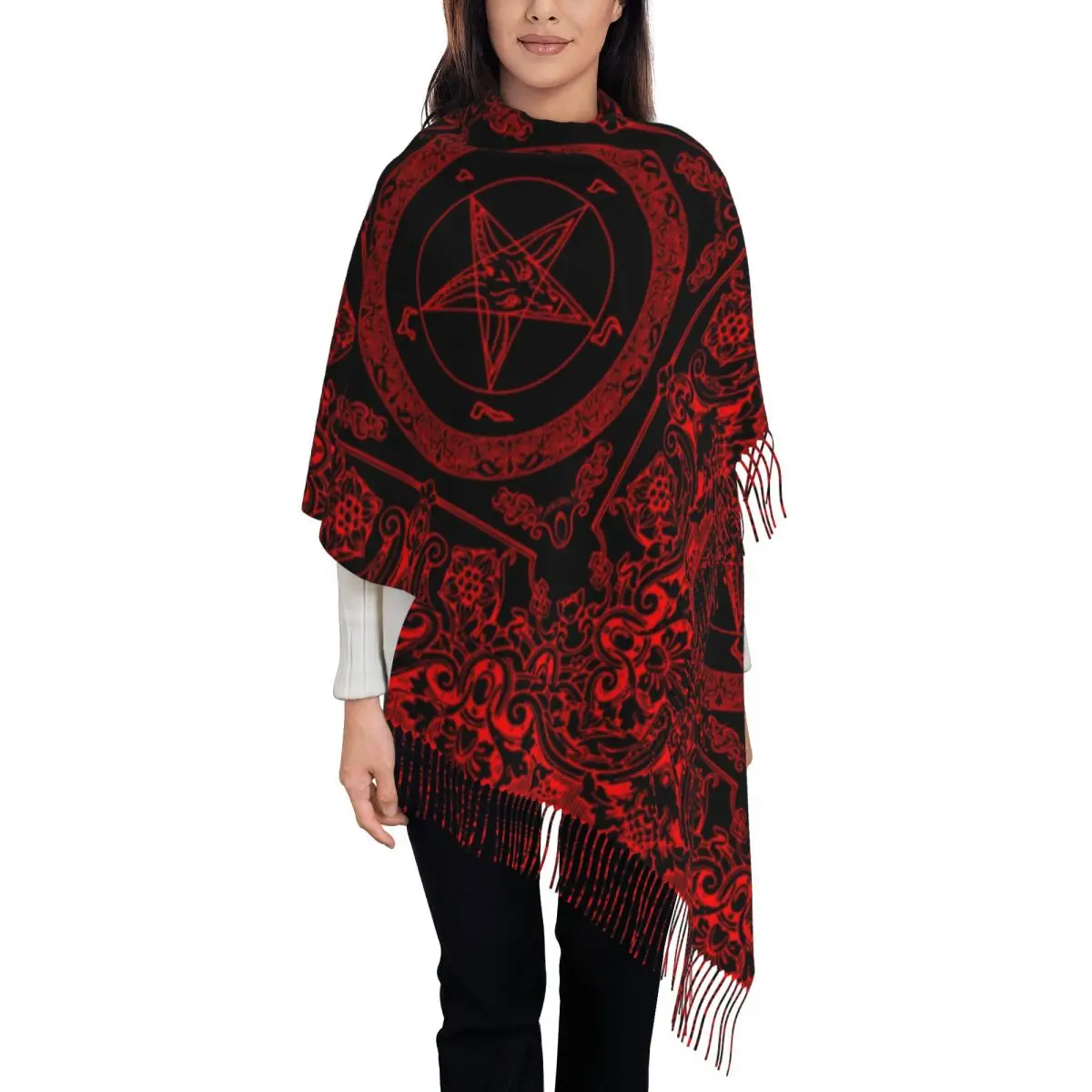 Custom The Sabbatic Goat Baphomet Tassel Scarf Women Soft Satanic Occult Pentagram Shawls Wraps Ladies Winter Scarves