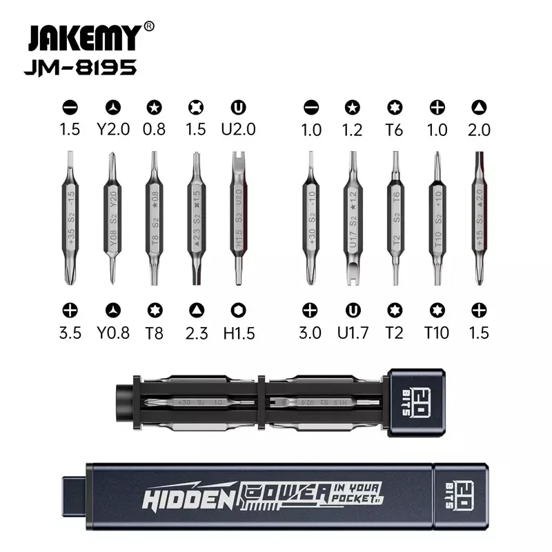 

JAKEMY JM-8195 21 in 1 Precision Screwdirver Kit Aluminum Handle Magnetic S2 Steel Bits Screw Driver Kit for Mobile Phone Repair