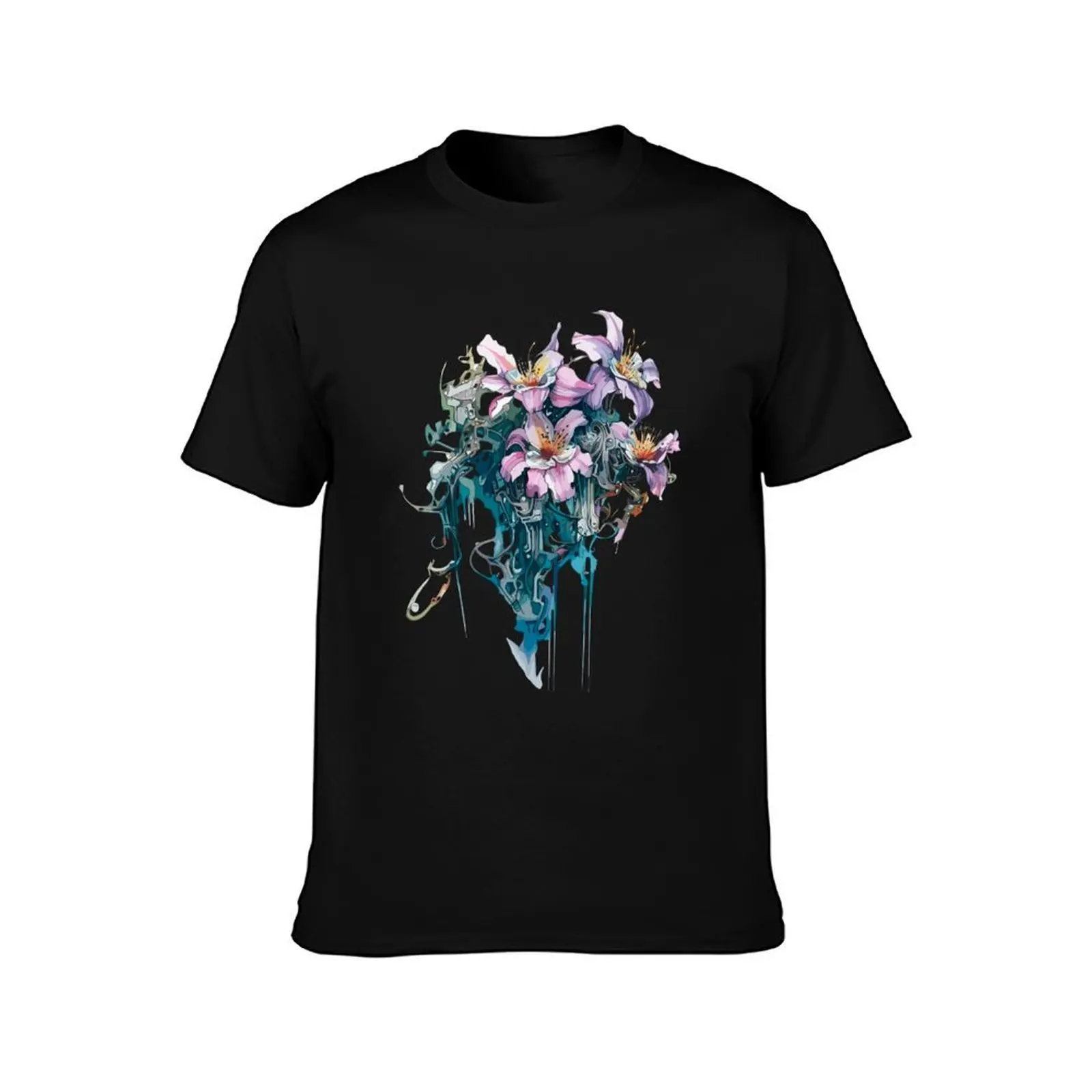 Cyberpunk Lillies Flowers T-Shirt Classic Basic Casual T-Shirt