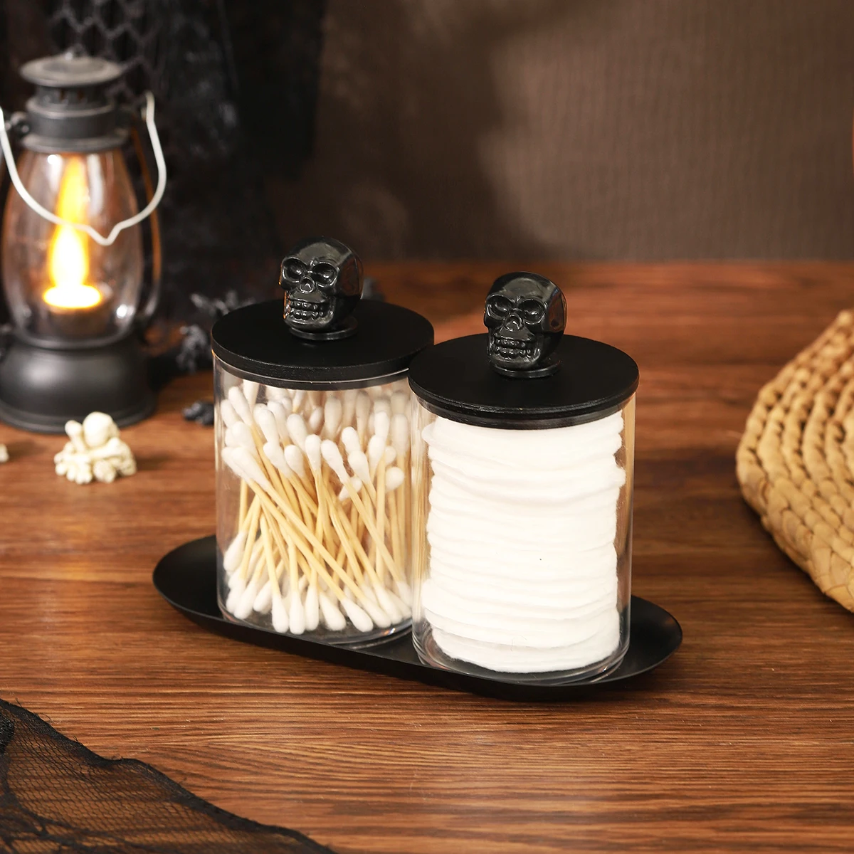 2 Pack Acrylic Apothecary Jars Qtip Holder Dispenser Canisters with Tray, Bathroom Jars Set  Cotton Ball Qtip Holder Halloween