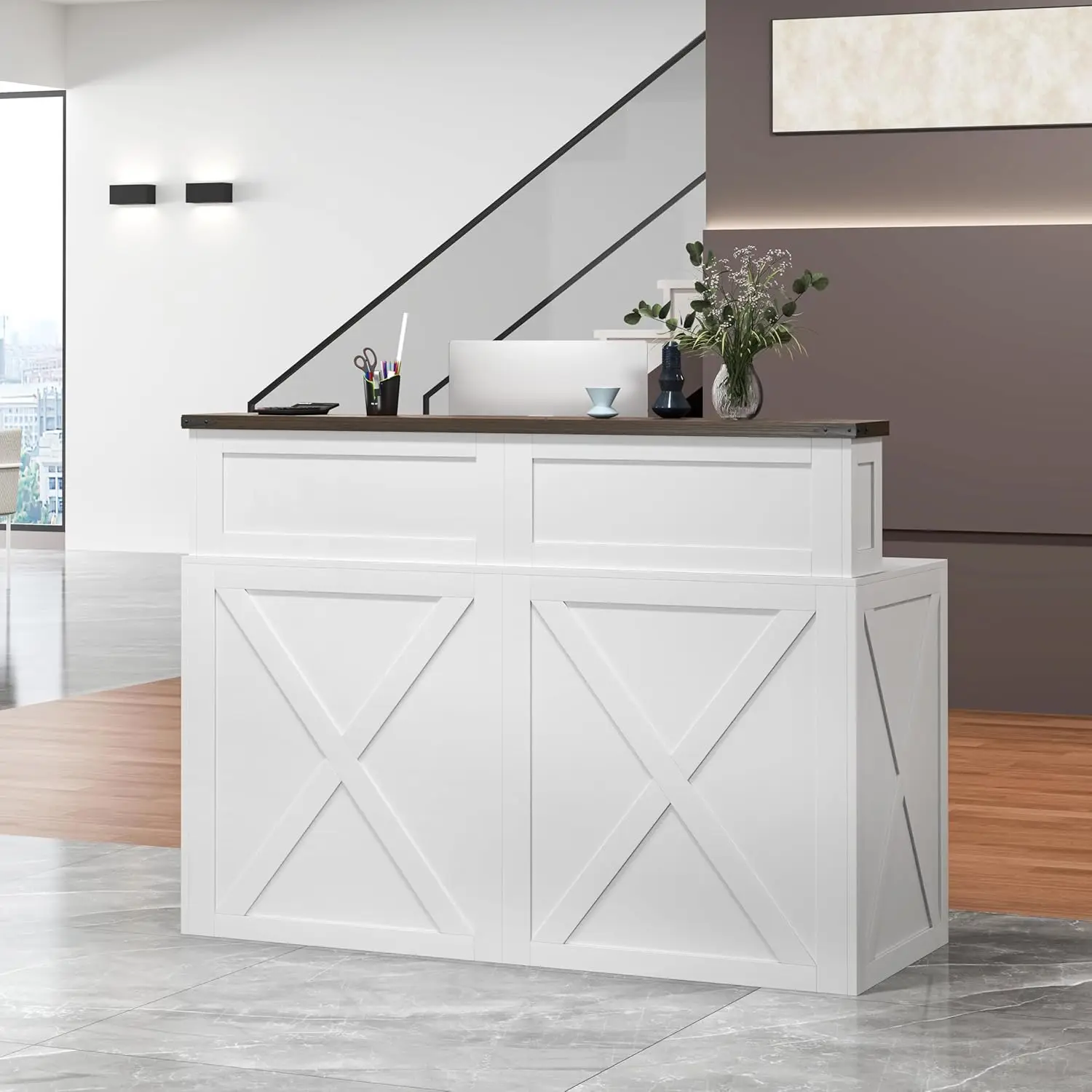 Hoher Empfangstresen mit Theke, 47-Zoll Moderne Empfangstheke, Einzigartiges Scheunentür-Design Bürotisch für Zuhause und Einzelhandel, Maßgefertigt