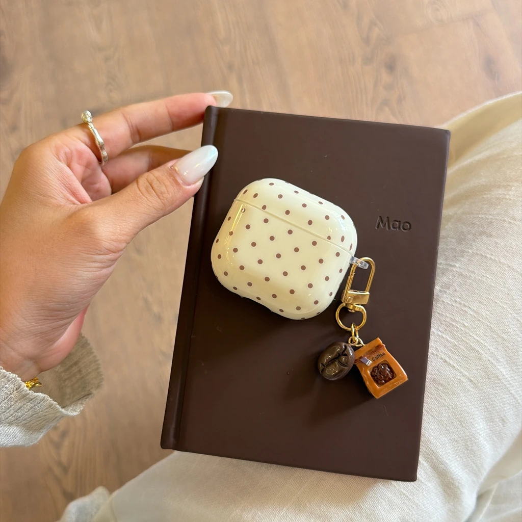 Simple Off White Base Light Brown Polka Dot With Coffee Bean Pendant Earphone Cover Case for AirPods 1 or 2 3 4 5 Pro 2 Pro 3