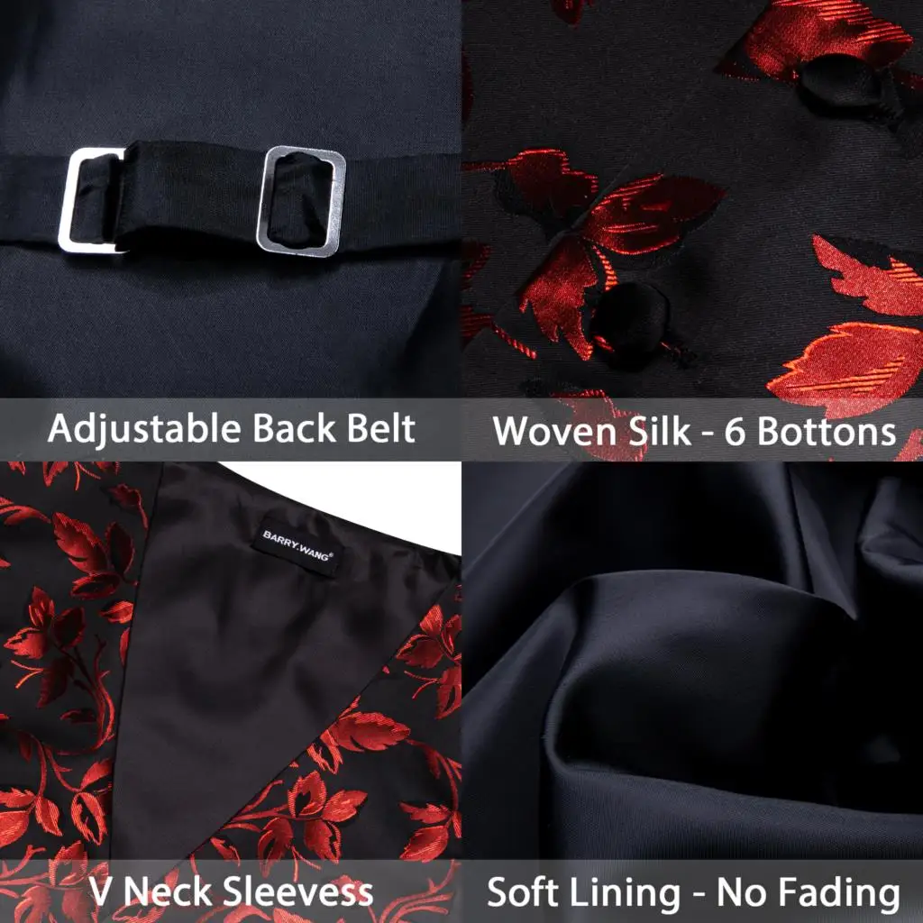 Elegant Silk Vest for Men Red Black Leaves Slim Fit Waistcoat Tie Hanky Cufflinks Set Wedding Business Formal Party Barry Wang