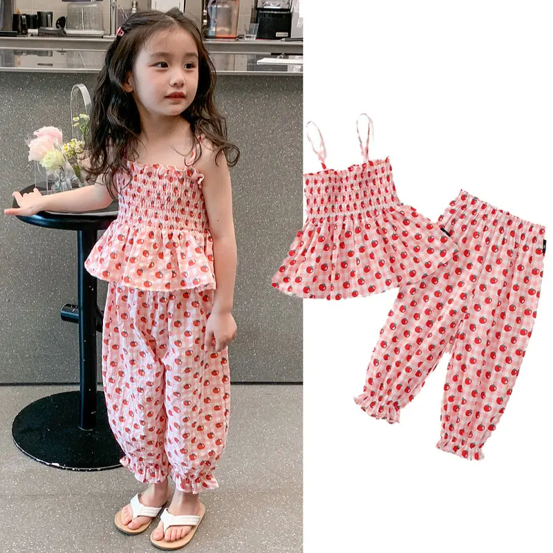 

Summer Girls Clothing Sets Cute Print T-shirt+bloomers 2pcs Suits for Kids Children Casual Clothes Baby Sling Shorts Sets