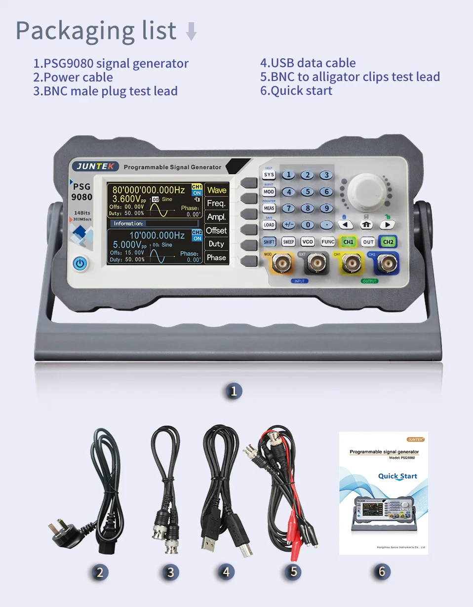 JUNTEK PSG9080 80MHz Dual Channel Programmable Function Arbitrary Wave Generator Signal Source