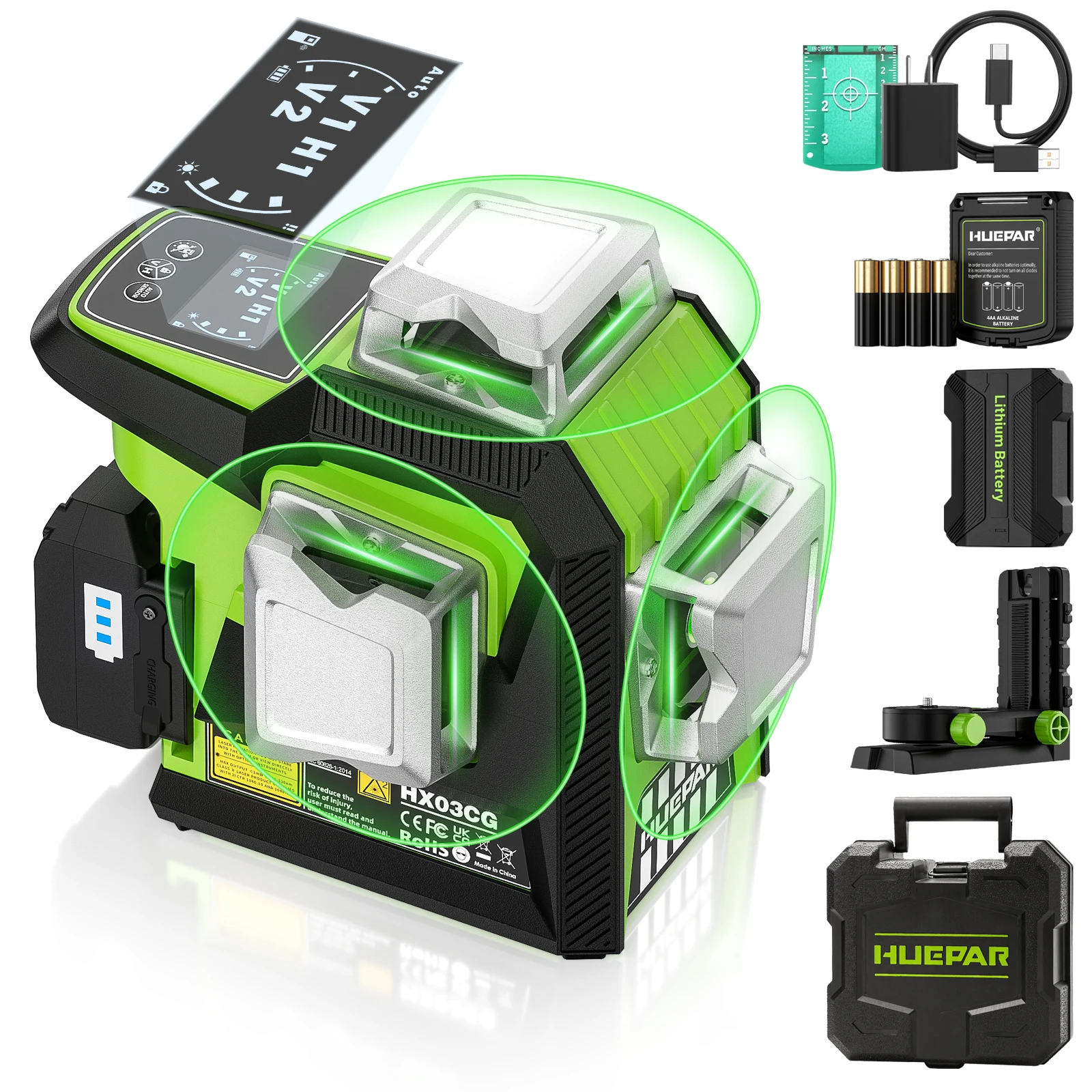 Huepar 12 Lines 3D Green Beam Laser Level High Precision Cross Line Laser Level Tool with LCD Screen Brightness Adjustment HX03C