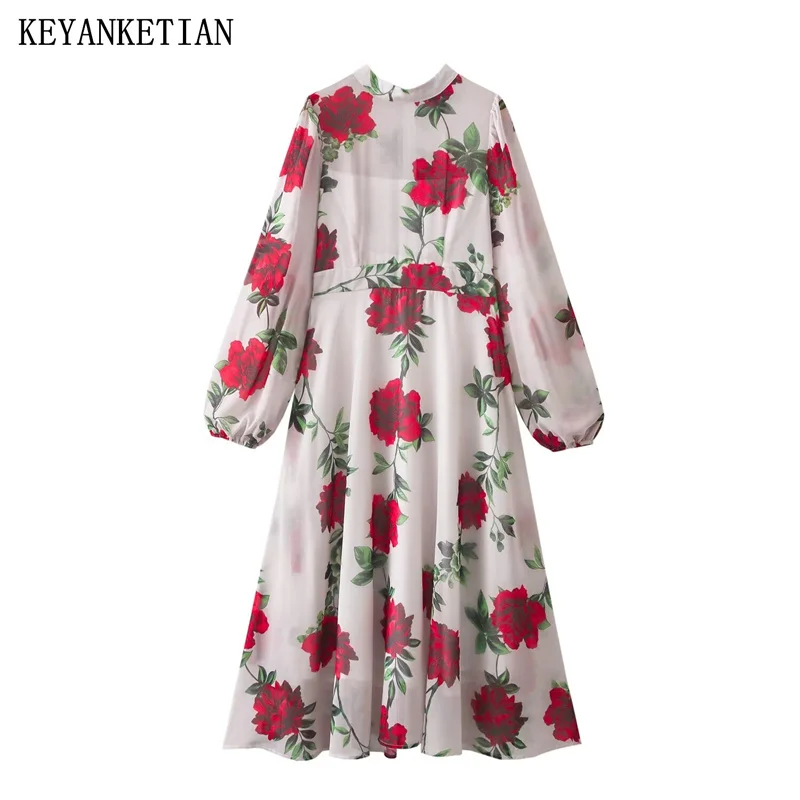 

KEYANKETIAN 2024 Autumn New Women's Rose Print MIDI Dress Holiday wind O-Neck Lantern Sleeve Back Zipper Stylish Chiffon Dresses