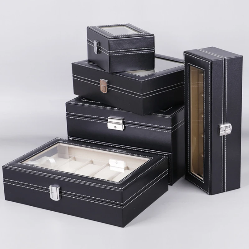 Handmade Grids PU Leather Watch Box Display Case Holder Black Storage Box Glass Jewelry Organizer for Men & Women Best Gift Box