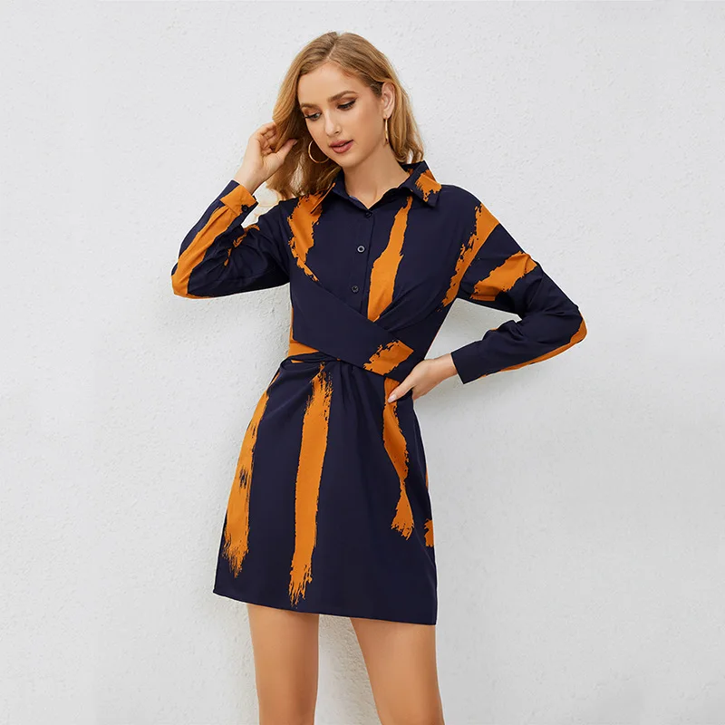 

Autumn Dress New Women's Long Sleeve Geometric Printed Turn-down Collar Button Lace Up Fashion Casual Women's Knee Length Dress