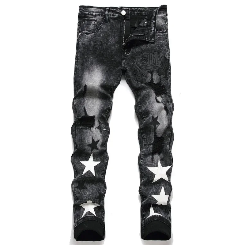 European Style Black White Star Embroidery Men Ripped Jeans Trend Brand Motorcycle Denim Pants Quality Mens Slim Jeans