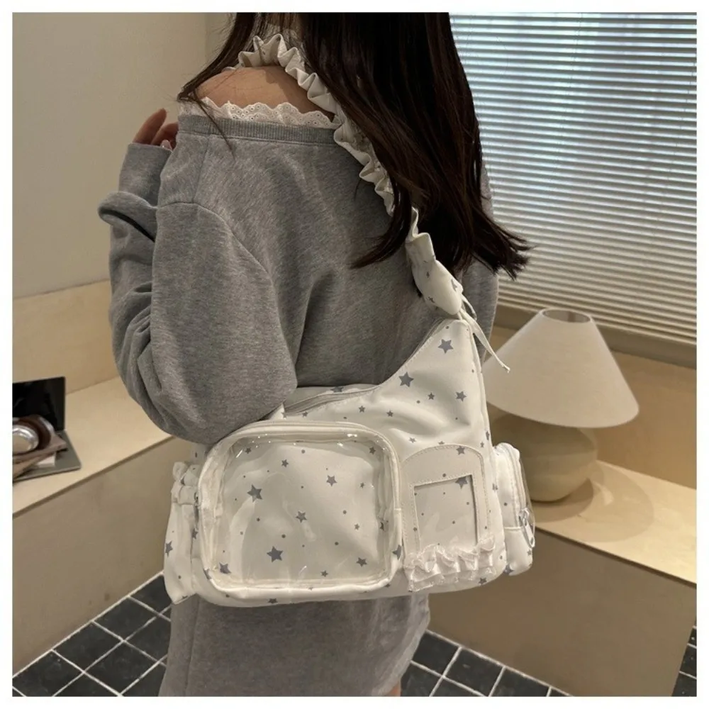 New Star Polka Dot Crossbody Bag Lace Trim Transparent PVC Pocket Ita Bag Lightweight Large Capacity Shoulder Bag Y2K Style