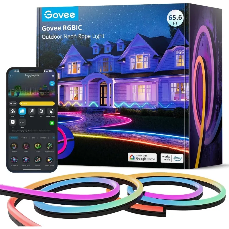 Outdoor Neon Rope Lights, 65.6ft RGBIC IP67 Waterproof Halloween Decorations with 64 Scene Modes, Music Sync