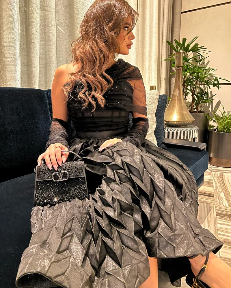 Elegant Evening Dress For Sexy Women 2024 فساتين مناسبة رسمية A-Line One-Shoulder Luxury Lace Pleat Black Cocktail Prom Gown