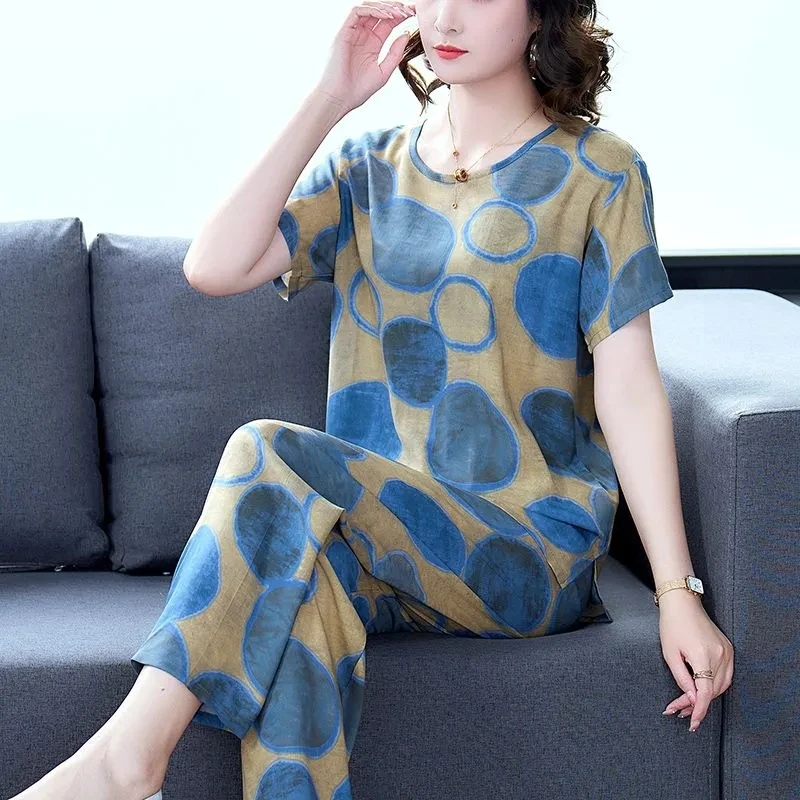 Women Summer Sets NEW Middle Aged Elderly Mother Cotton Silk Suit Casual Print Short Sleeve Top + Pants 2 Piece Set Femme Outfit