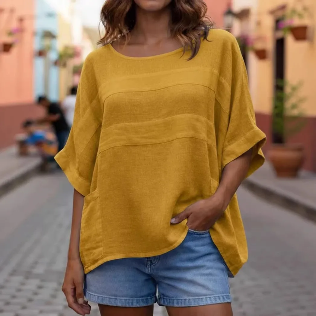 Casual Round Neck Top Regular Fit Streetwear with Pocket Three Quarter Sleeve American European Style T Shirt Summer for Women
