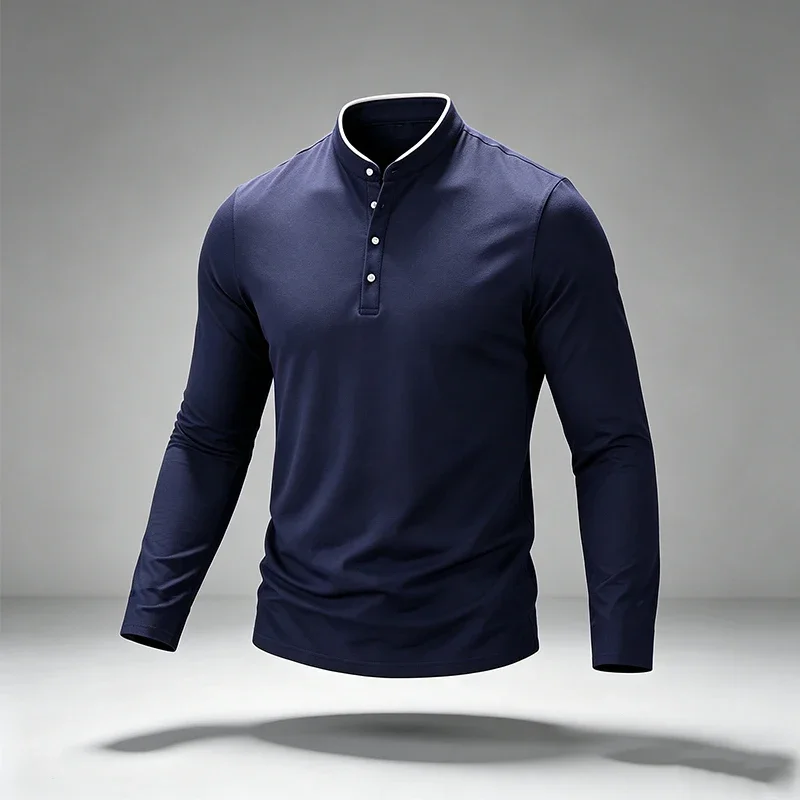 Mens Mandarin Collar Half Placket Long Sleeve Polo Shirts Four Button Henley Stretch Wrinkle Resistant Daily Casual Tops