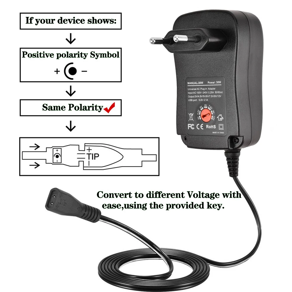 30W 9 Replacement Heads AC To DC Plug Power Adapter 3V 4.5V 5V 6V 7.5V 9V 12V 2A 2.1A Adjustable Converter For US/EU/UK/AU