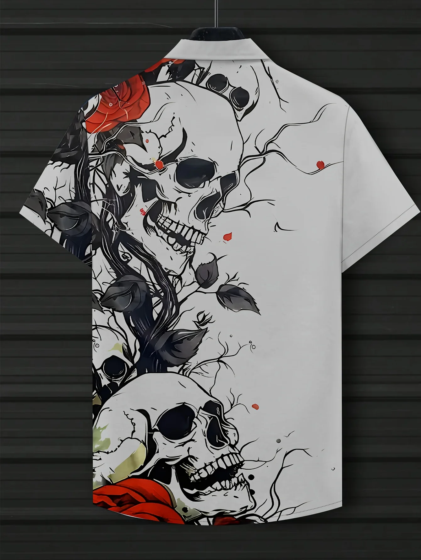 Men Asymmetrical Skull Red Rose Vine Print Short Sleeve Shirt Lapel Collar Button‑Up Polyester Gothic Blouse
