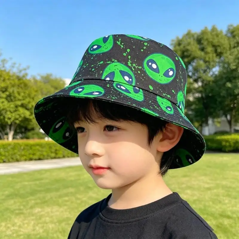 31BB Lightweight Sun Hat Bucket Hat Alien Design Hat For Beach Trip Teenager Activities