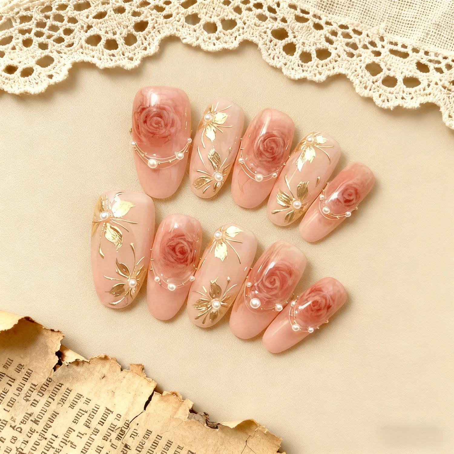 

30Pcs Midium Almond False Nails Elegant French Fake Nail Sweet Flowers Pearl Nails Press Ons Nails for Girls Wearable 네일