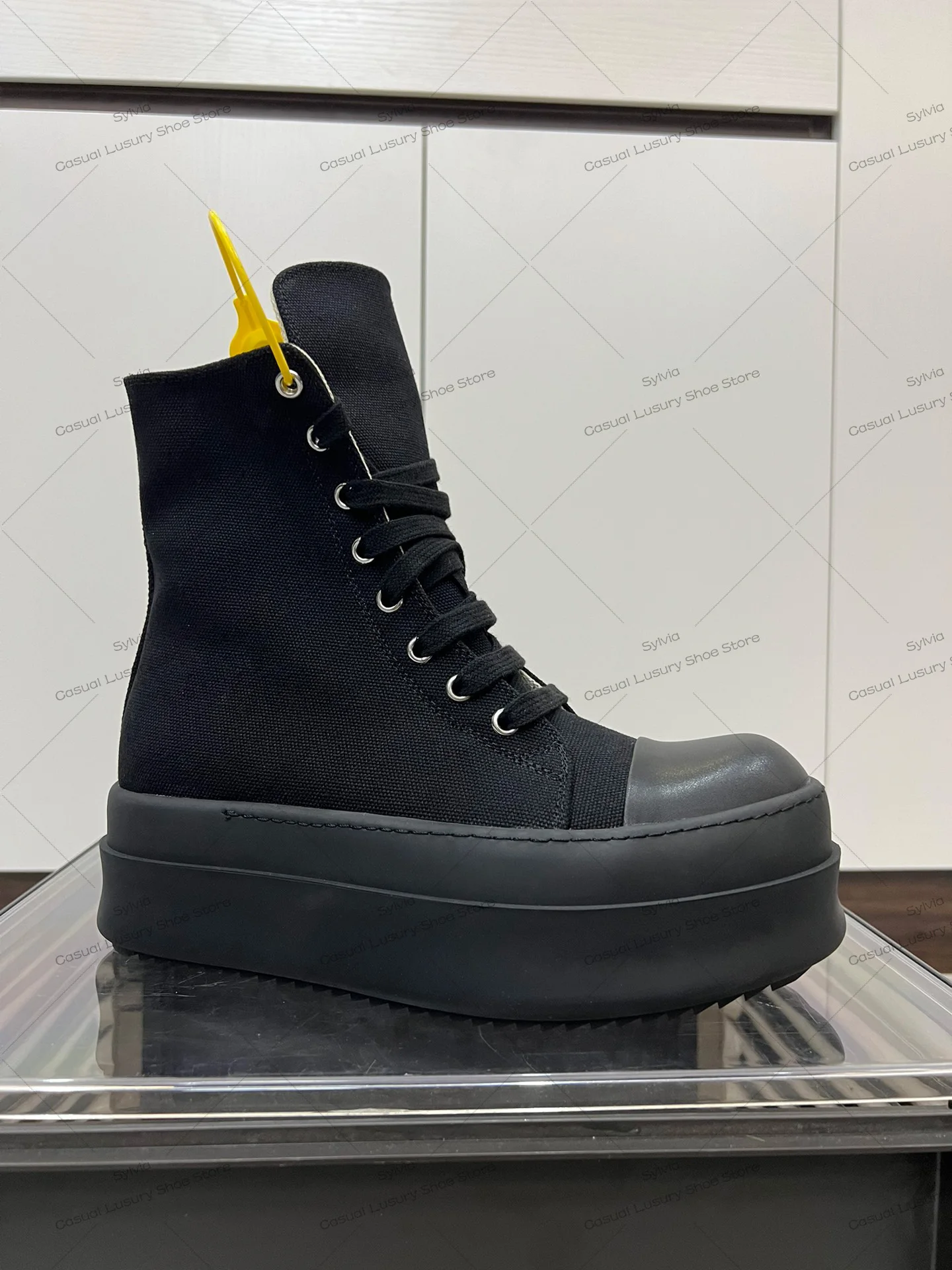 Ricks Men Shoes Owens Pure Handmade Thick Sole All Black Canvas Shoe High Top Women Quality Zipper Owens Retro Style Ankle Boots