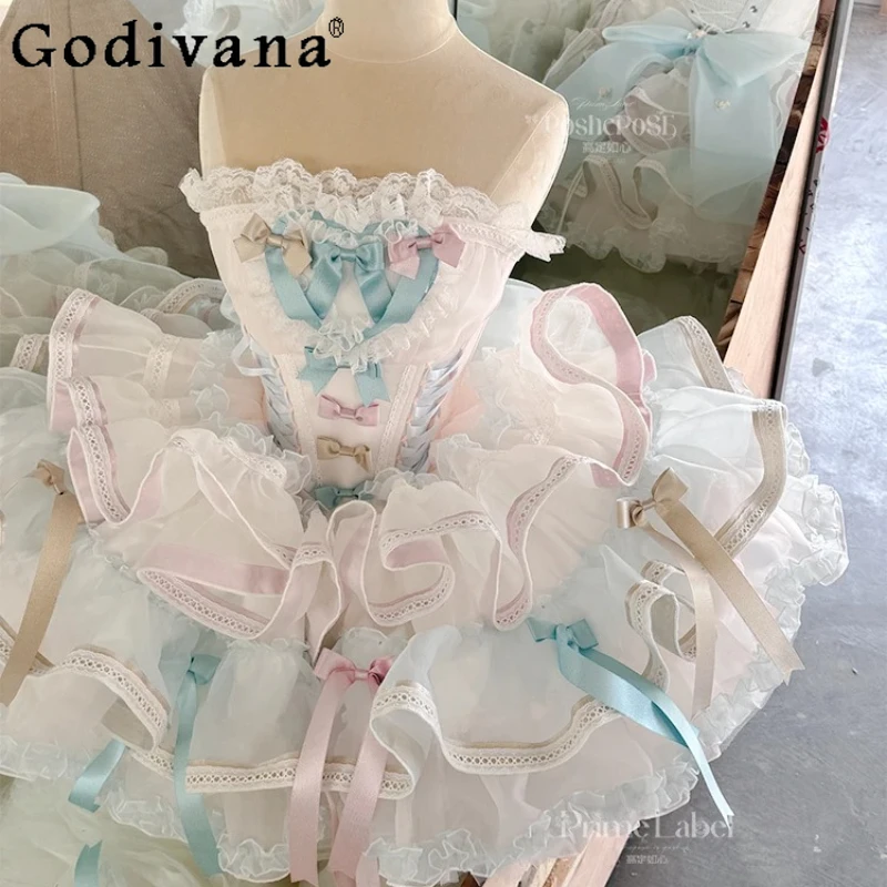 

Sweet Girls Princess Birthday Party Dress 2025 Woman's Ballet Style Lolita Cute Bow High Waist Short Fairy Elegant Dresses Women