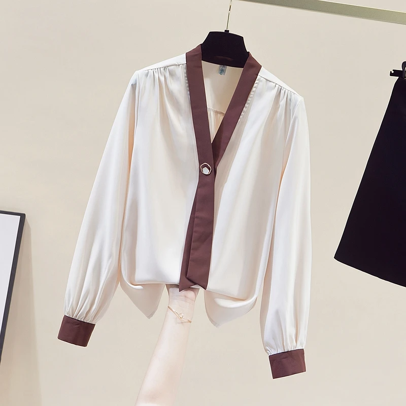 

SuperAen V-neck Chiffon Patchwork Tops for Women Long-sleeved Spring and Autumn 2025 New Elegant Simple Contrast Color T-shirts