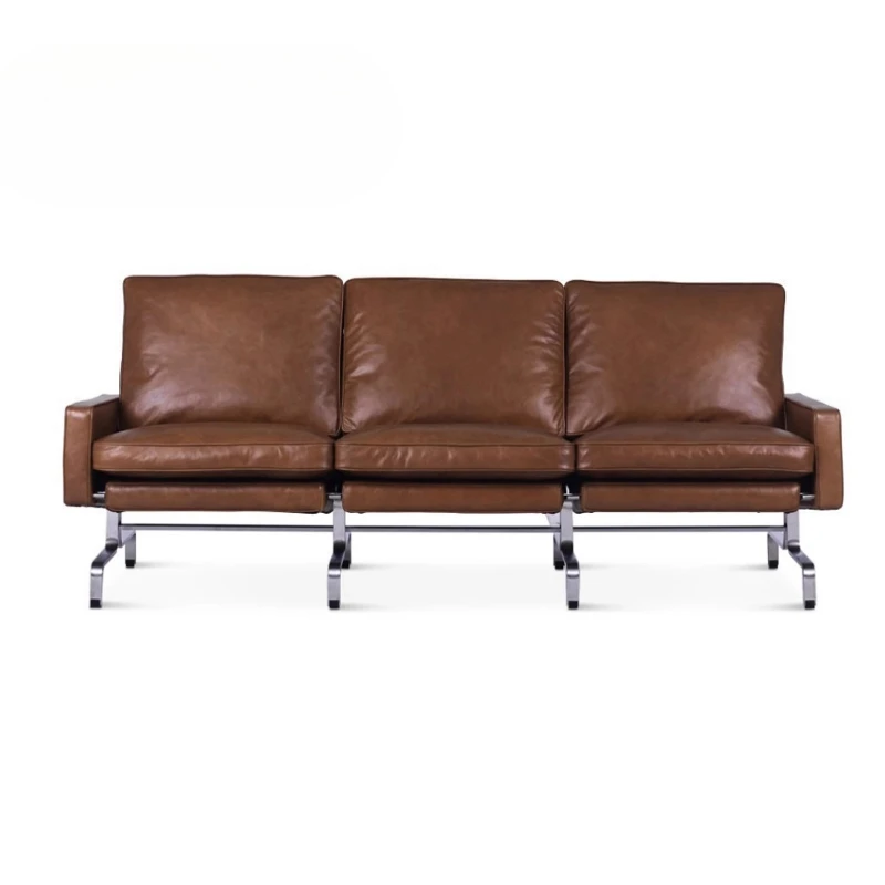

Italian minimalist leather triple sofa stainless steel luxury double sofa