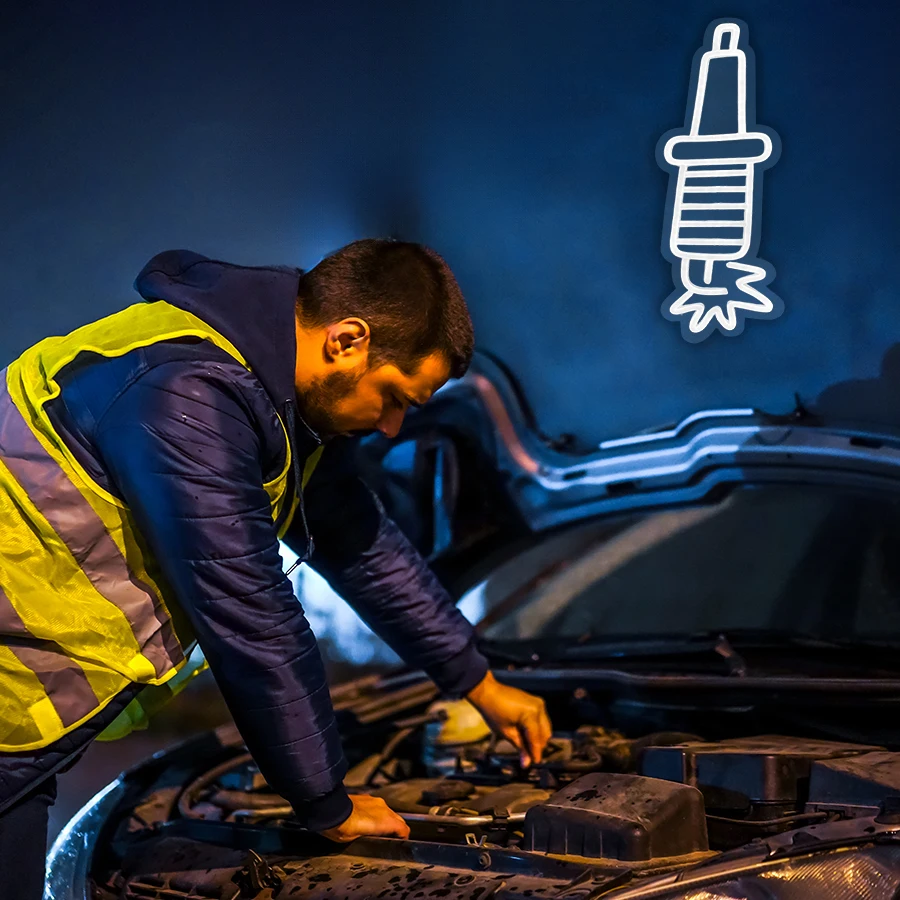 Spark Plug Led Neon Sign, White Icon Usb Powered, Used For Business Decor In Auto Repair Shops, Garages, Man Caves And Shops.