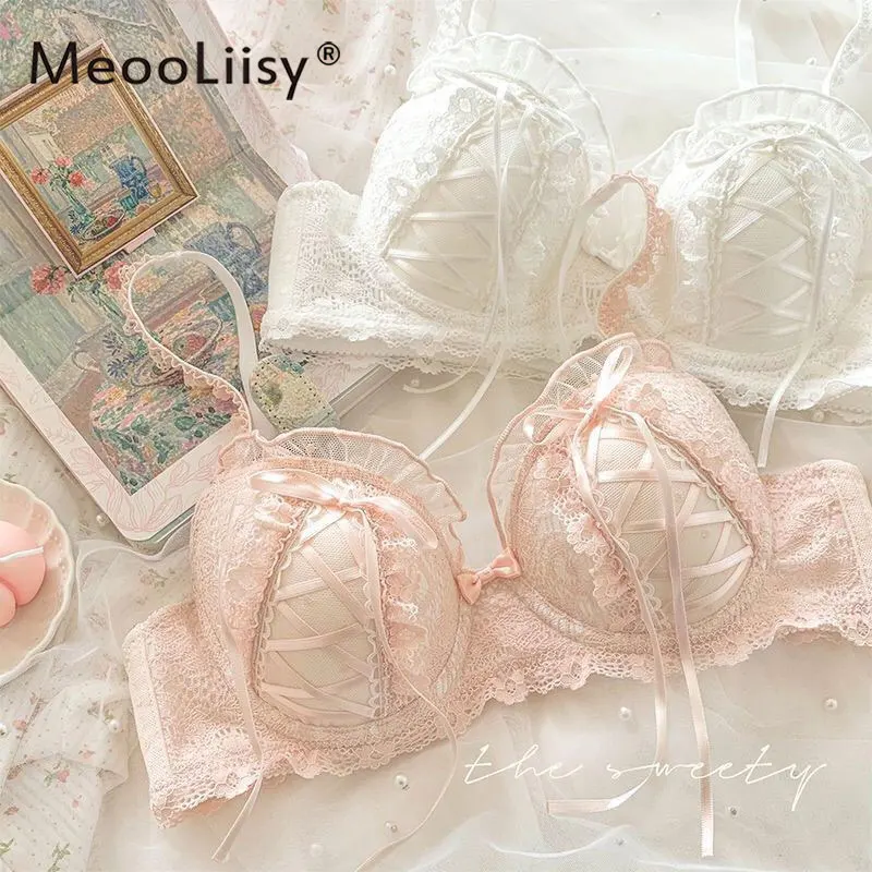 MeooLiisy Floral Embroidery Lingerie Set Sweet Push Up Bra Set Lace No Wire Underwear and Panty Briefs Set