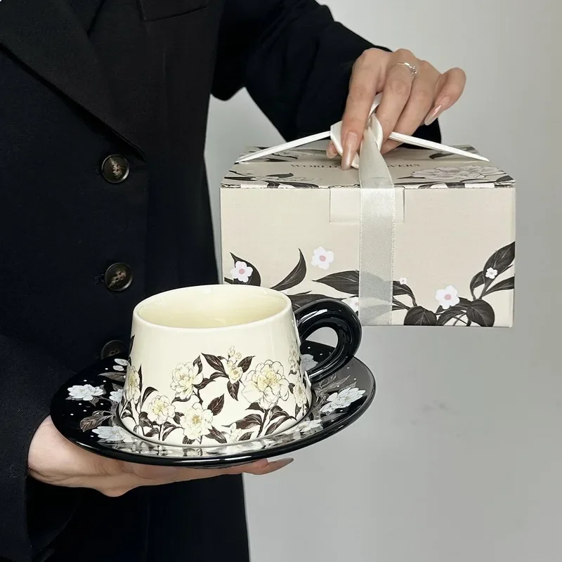 Camellia Light Luxury Vintage Floral Coffee Cup Saucer Gift Box Set High Appearance Birthday Present Souvenir Ceramic Home Tea