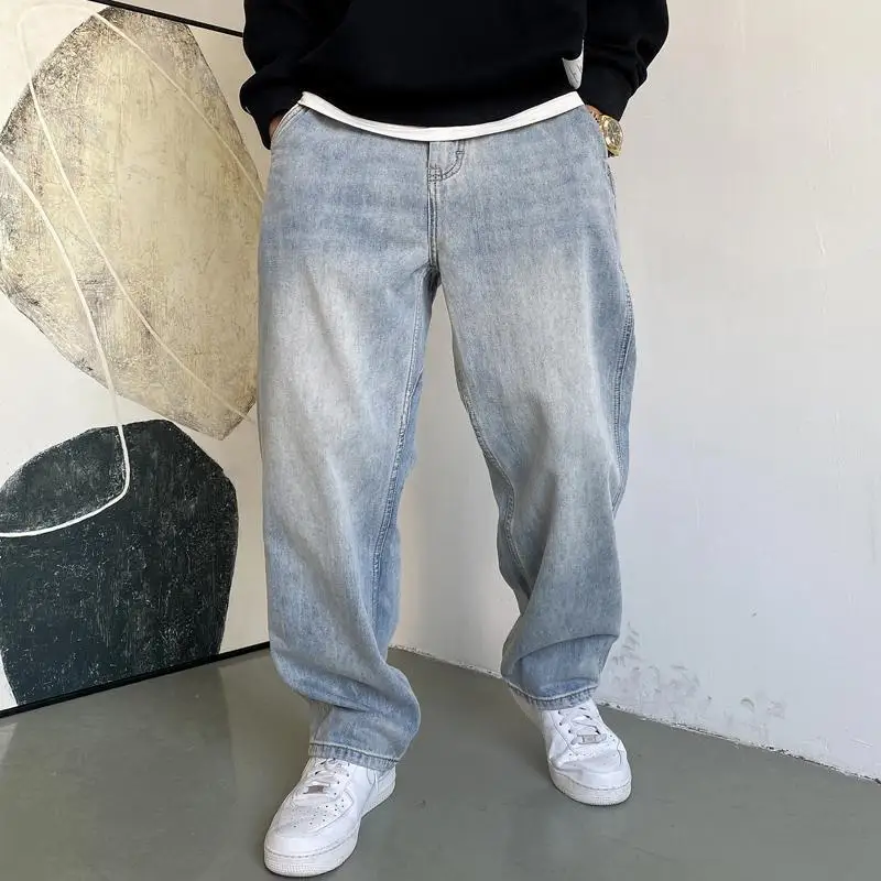 Spring and Autumn Casual Ruffian Handsome Retro Nostalgic Light Blue Jeans Men's Straight Loose Baggy Work Cargo Wide-leg Pants