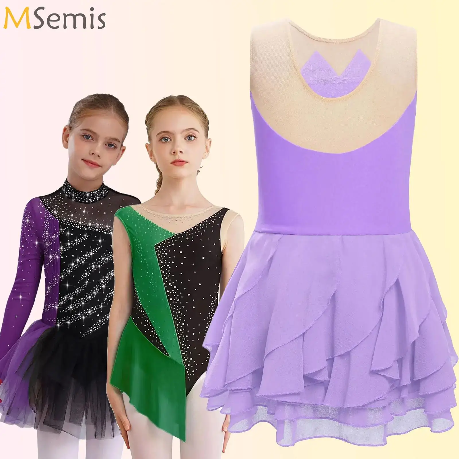 

Kids Girls Ballet Dance Tulle Dress Sparkling Rhinestones Gymnastics Jersey Long Sleeves Jazz Figure Skating Competition Costume