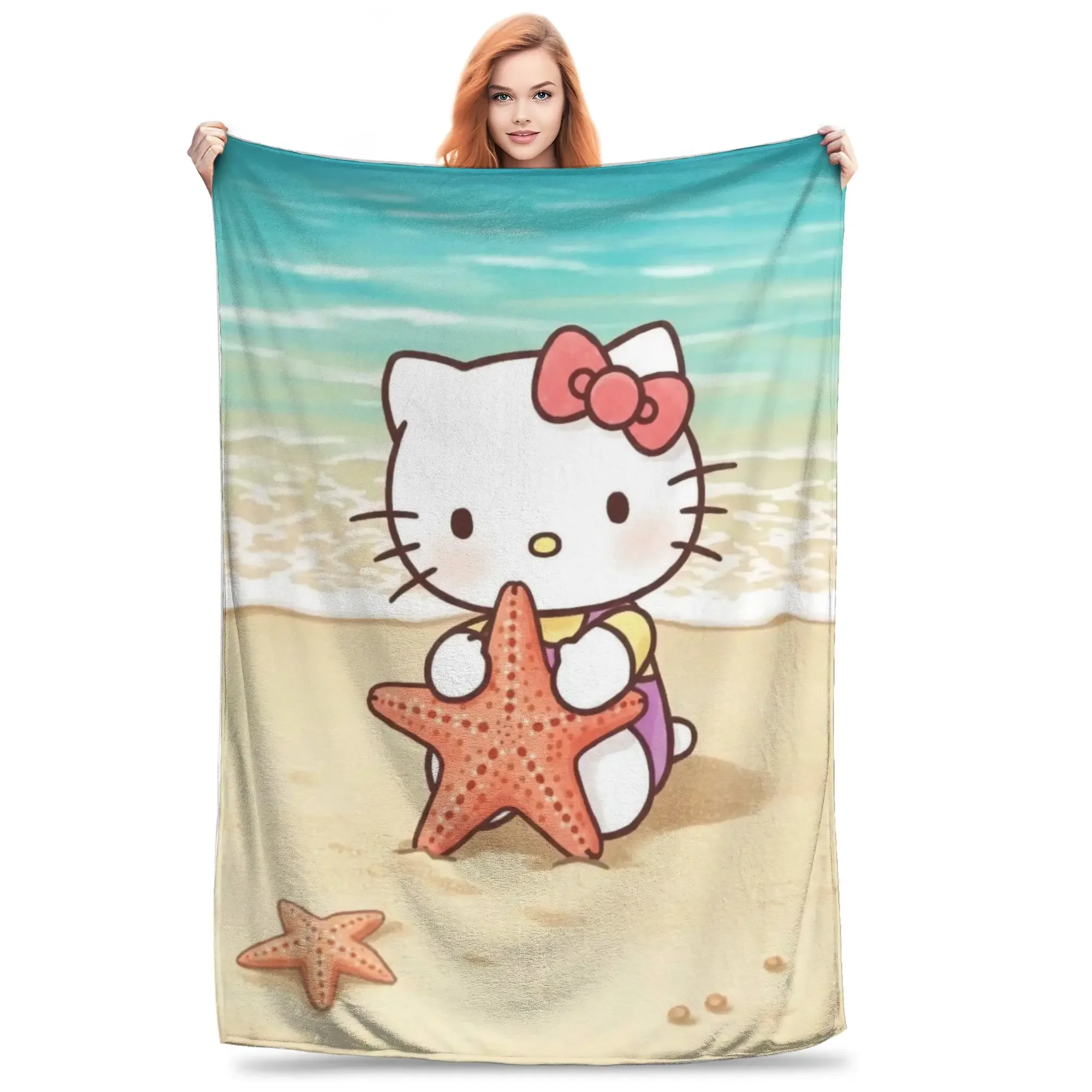 Soft Warm Throw Blanket for Camping Beach Vacation Flannel Bedspread Couch Bed Cover Hello Kitty Boys Girls