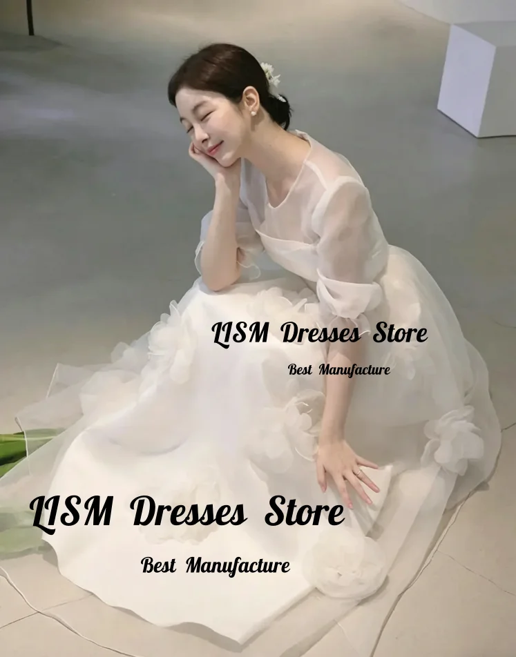 Lism Customized O-Neck Short Sleeves Korean Wedding Dresses Handmade Flowers A Line Silk Organza Bridal Party Dresses 2026