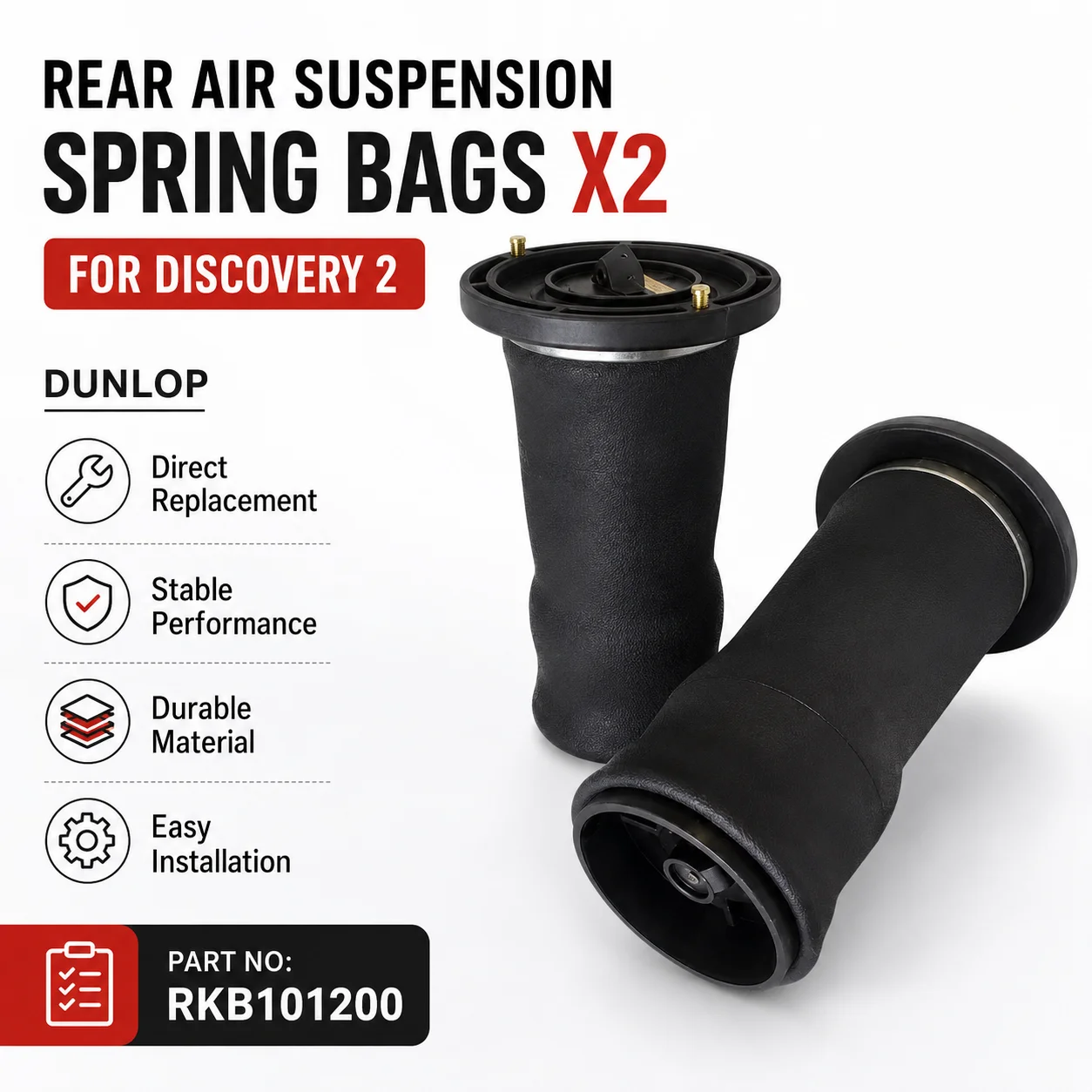 FOR DISCOVERY 2 NEW REAR AIR SUSPENSION SPRING BAGS X2 DUNLOP - RKB101200
