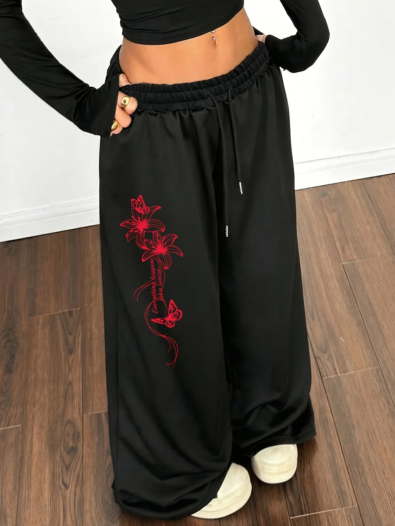 Y2K Lily Butterfly Pattern Printed Casual Sports Pants American Casual Trendy Women's Straight Leg Pants