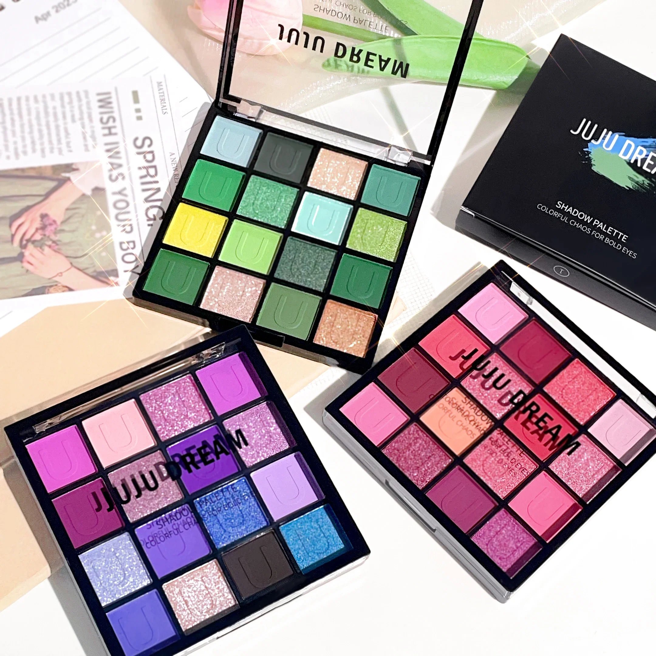 Frosted and fine glittering effects,16 color eye shadow palette: mallow, mermaid, charming forest, with pearly.