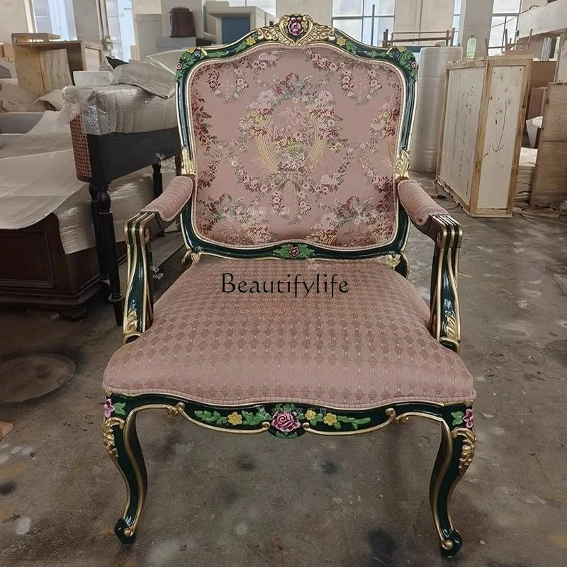 

French court solid wood carving villa single sofa French painted embroidery pink fabric leisure chair negotiation chair