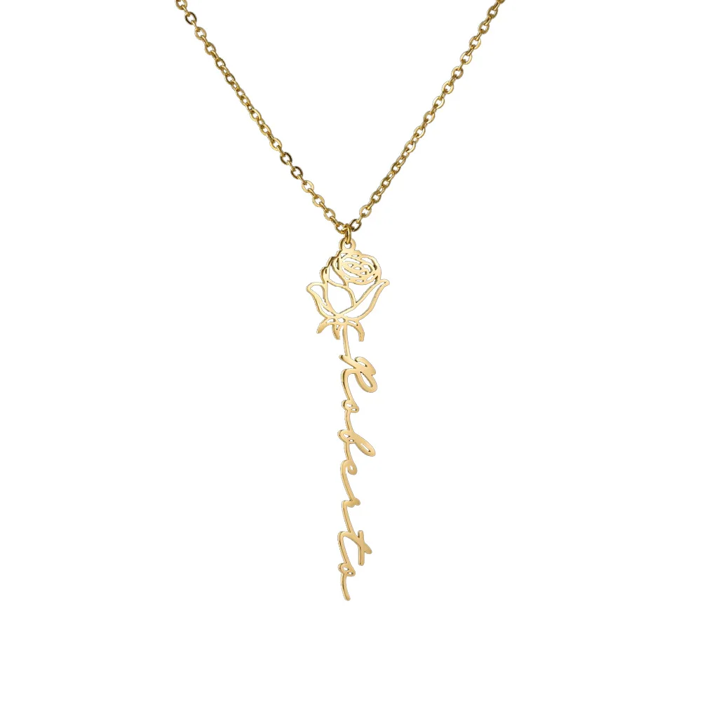 

YHLISO Personalized Custom Handwriting Name Necklace Birth Month Flower Pendant Stainless Steel Cut Nameplate Women Jewelry
