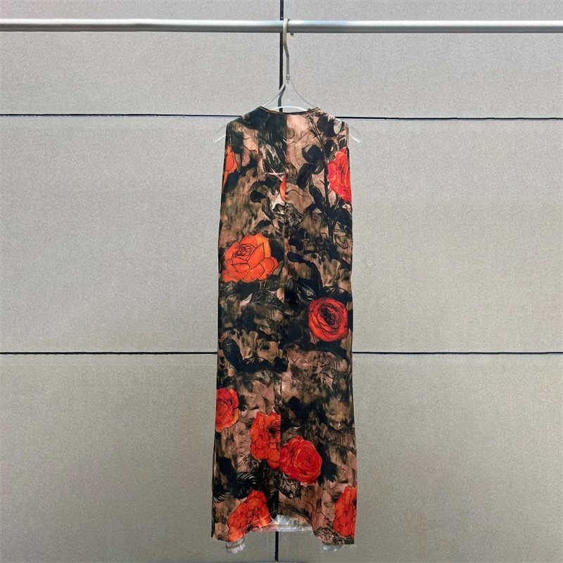 Y2K 高品質の夏の新しい女性のラウンドネックピュアコットンプリントノースリーブドレスファッションカジュアルローズフラワー休暇ミディドレス