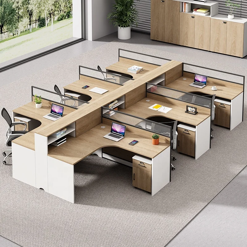 Modern 2-6 Person Solid Wood Desk With Stable Modular Furniture Workstation With Panel For Office Building Or Study