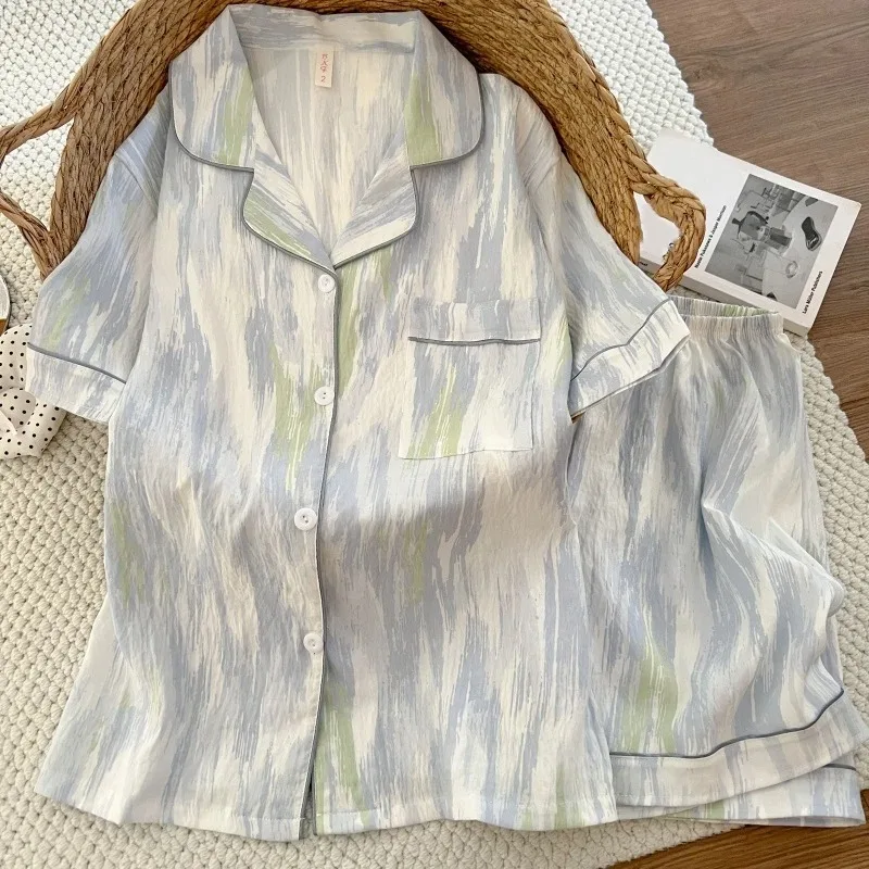

Women's Tie Dye Pajama Set Summer Short Sleeve Button Sleepwear Soft New Loungewear Casual French Luxury Homewear for Ladies