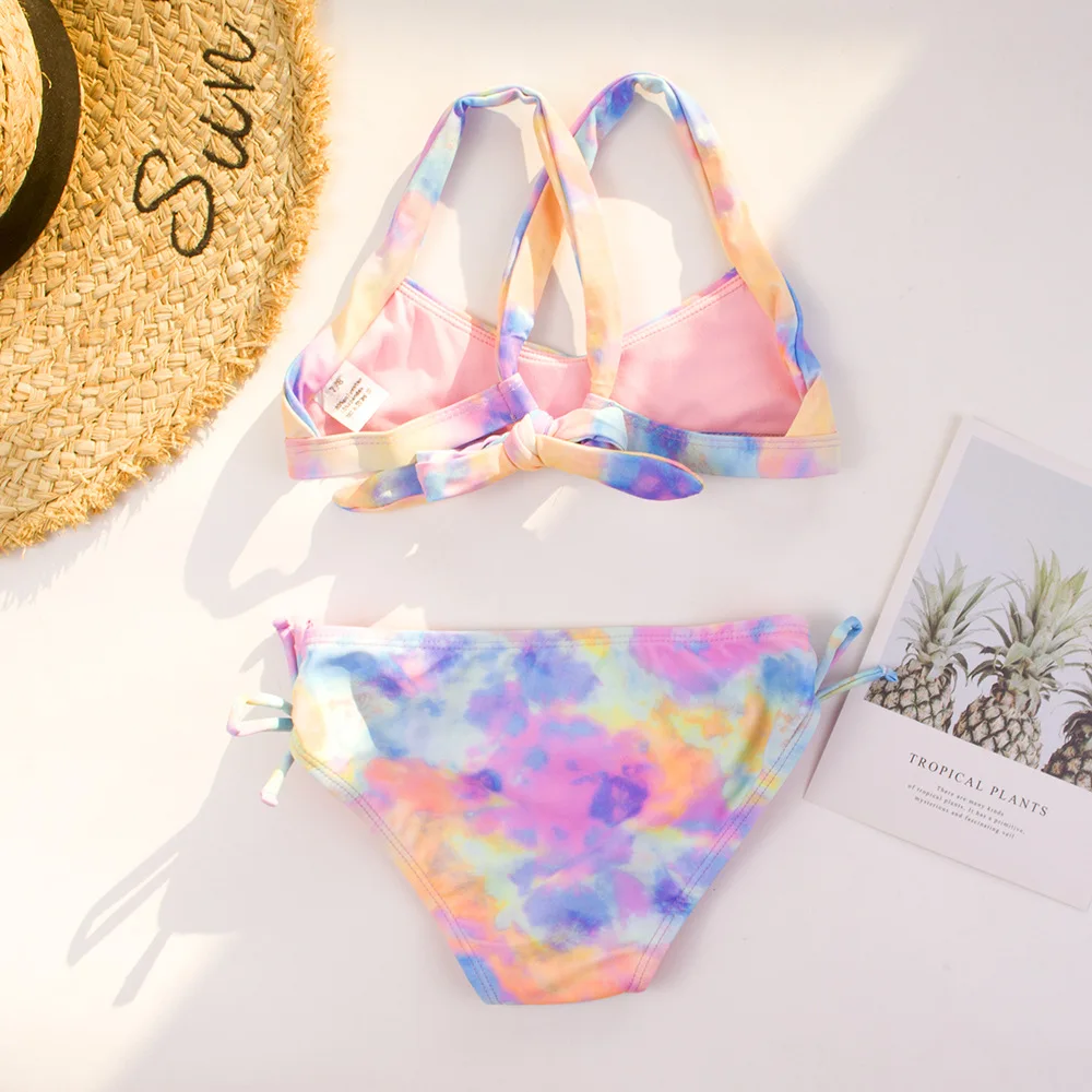Girls Swimwear Set 2025 Summer New Girls Swimwear Strap Tie Dye Bikini Kids New Gradient Color Swimwear Two Piece Set