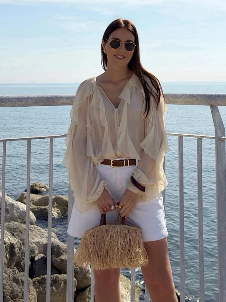 HH Women Spring Autumn Elegant V-Neck Temperament Blouse Female Loose Single-Breasted Long Sleeves Laminated Decorative Shirts