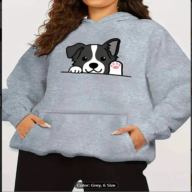 

Womens Grey Hoodie Cute Peeking Dog Graphic Print Casual Oversized Drawstring Hooded Sweatshirt for Dog Lovers Pure Cotton