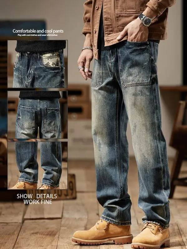 Luxury Designer Clothing Cowboy Jeans Men's 2025 New Spring Brand Washed Old Polished White High Street Wide-leg Tooling Pants
